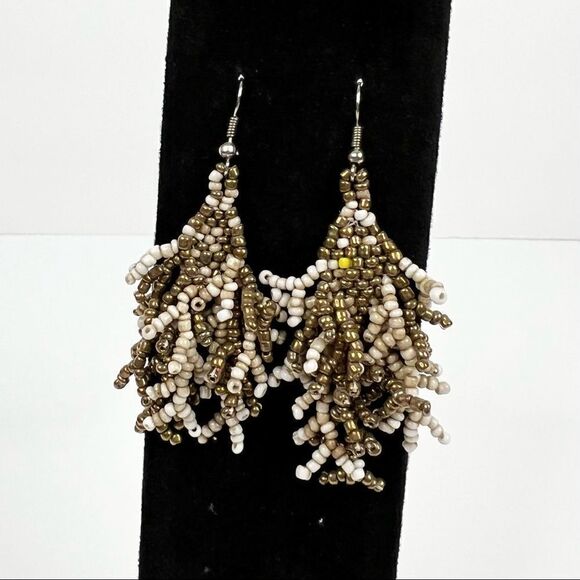 𝅺bronze and Brown Beaded Long Fringe Dangle Earrings - Picture 1 of 3